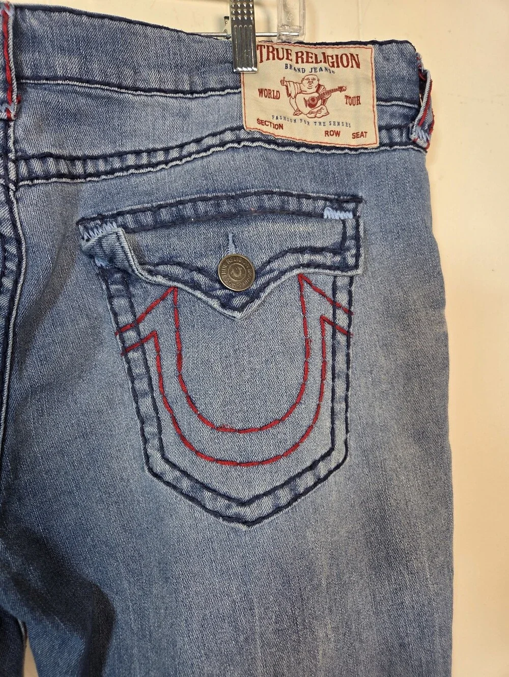 True Religion Mens Ricky Super T Flap Relaxed Straight Red Chain stitch Size 42